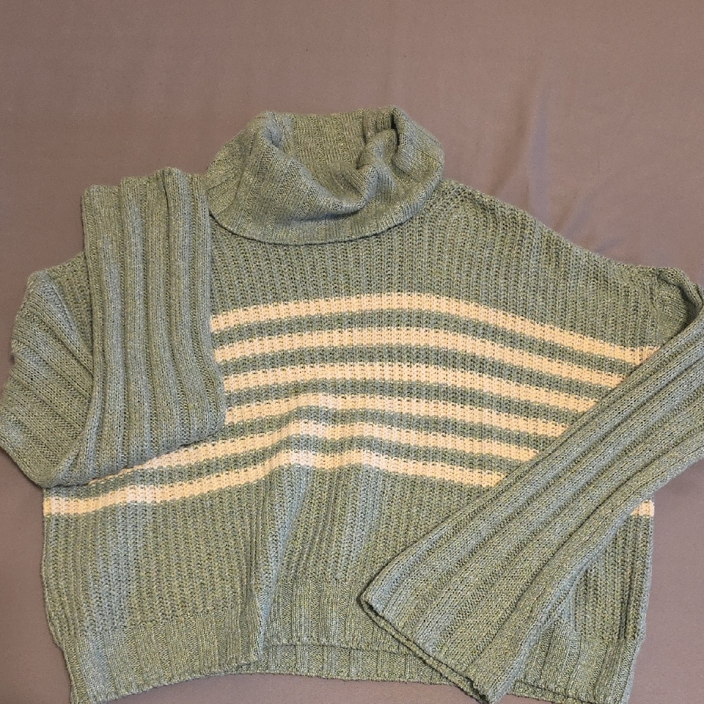 Striped Turtleneck Sweater - Green and Cream